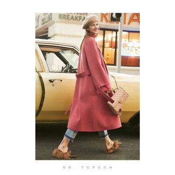 Amii秋季新款極簡100%羊毛雙面呢女寬松配腰帶翻領長款外套