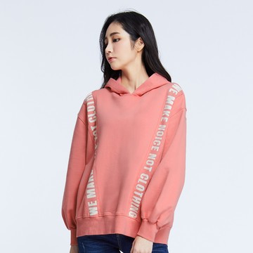 英文標語剪接連帽厚T(桔紅)-女