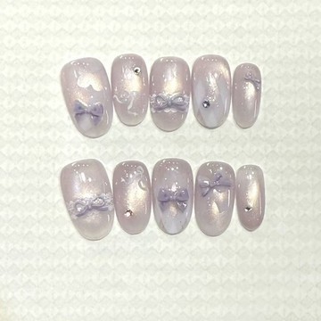 🎀台灣出貨🎀紫色新款穿戴貓眼美甲半手工穿戴甲顯白溫柔貼片高級蝴蝶玻璃珠