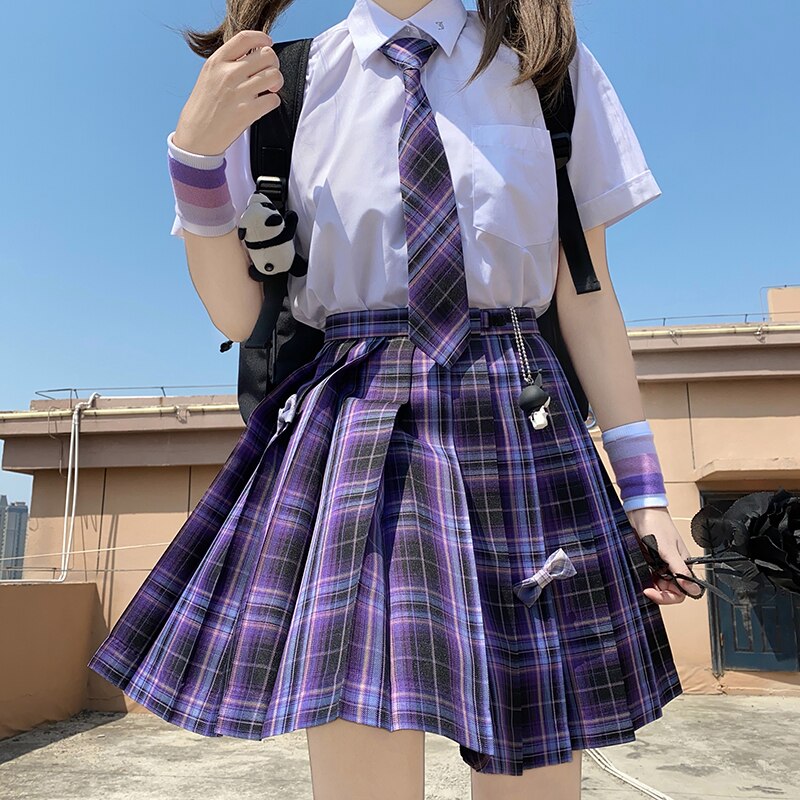 制服 ３点セット 女子高生 スカート ネクタイ シャツ パープル - コスプレ