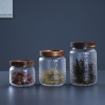 日式錘紋玻璃茶葉罐相思木蓋圓形儲物罐零食干果雜糧收納罐密封罐