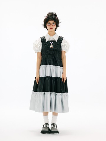 黑銀拼皮背心裙 彩色刺繡氣球人 鏈條裝飾 褶皺連衣裙