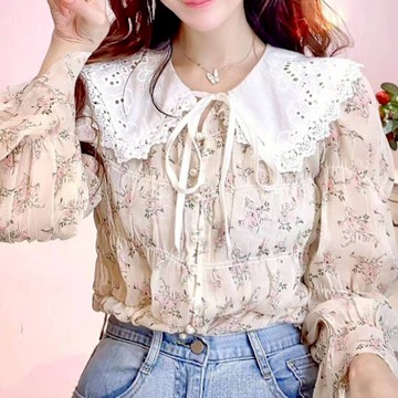 BBHONEY 雪紡襯衫 甜美學院風娃娃領 喇叭袖碎花襯衫