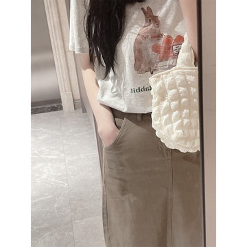 現貨 RENA自制正肩 簡約花灰色可愛卡通兔子噴墨印花寬松休閑短袖T恤【R20183】