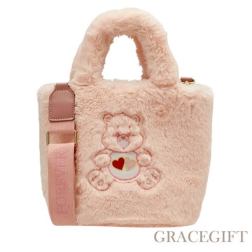 【Grace Gift】Care Bears-愛心小熊手提斜背毛毛托特包(附背帶) 粉紅