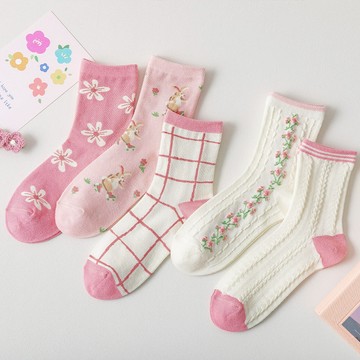 女生襪子 粉色系中筒襪 甜美小碎花可愛學生襪