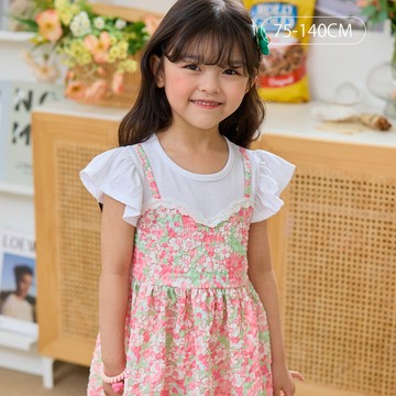 韓國 ERU 粉花假兩件荷葉袖泡泡洋裝