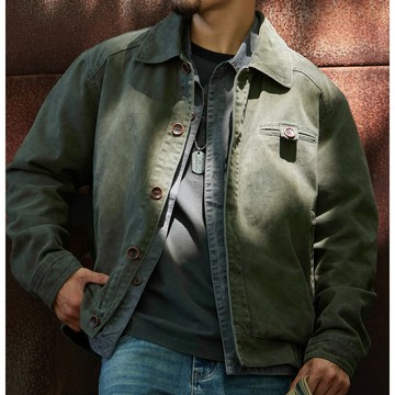 底特律復古水洗工裝夾克男2025秋冬新款純棉翻領軍綠色休閒外套潮