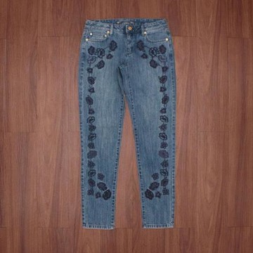 外貿原單M家女裝高腰寬松顯瘦直筒牛仔褲 經典款刺繡花朵純棉百搭