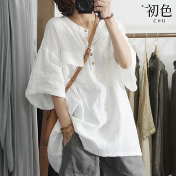 初色  日系棉麻風格寬鬆涼爽顯瘦圓領排釦五分短袖T恤上衣女上衣-共2色-34758(L-2XL可選)