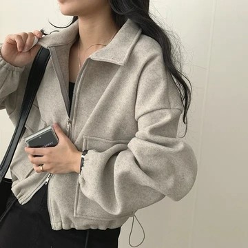 特價出清 毛呢外套 秋冬外套 呢子外套 韓國chic秋冬減齡慵懶寬鬆口袋拉鍊翻領抽繩收腰短款加厚外套