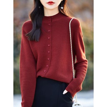 今年流行的復古坑條精紡羊毛針織開衫女士寬松休閑小扣子毛衣外套