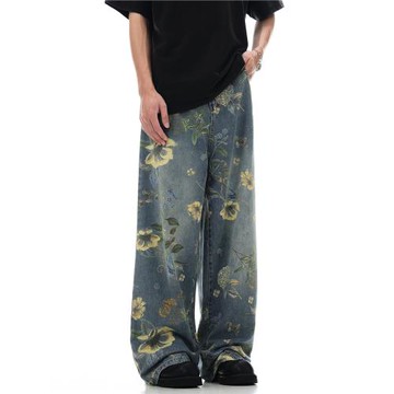 Mr Bense美式復古牛仔褲男女新款寬松印花小眾設計感直筒闊腿褲