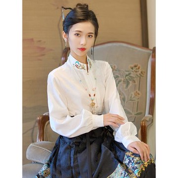 配馬面裙的襯衣新中式上衣白色立領對襟刺繡國風漢元素襯衫女長袖
