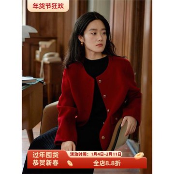 復古紅色小香風寬松短款羊毛雙面呢大衣女秋冬新款小個子毛呢外套