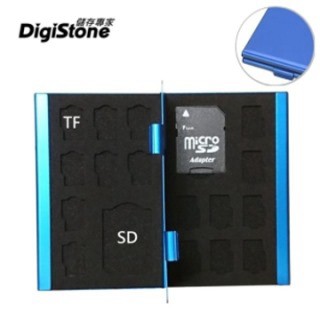 DigiStone 【鋁合金外殼】【防靜電】DigiStone 超薄型Slim鋁合金 18片裝雙層多功能記憶卡收納盒(2SD+16TF)-藍X1P