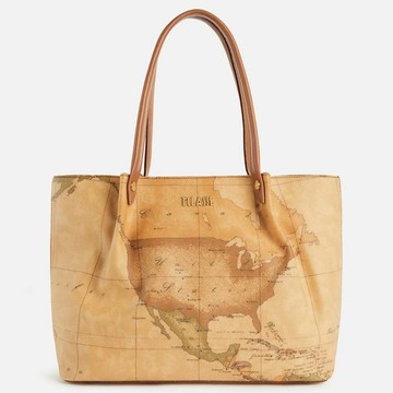 【Alviero Martini 義大利地圖包】抓皺側揹拉鍊大托特包36cm-地圖黃