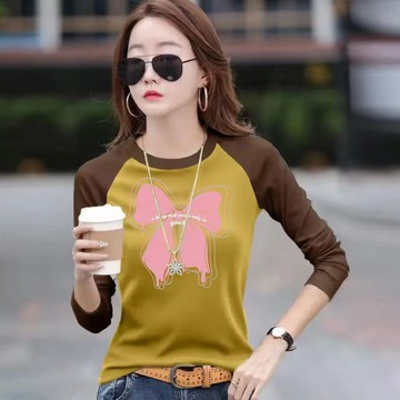 愛依依 長袖T卹 印花T卹 中大尺碼 打底衫中大碼 M-3XL新款撞色長袖洋氣減齡百搭圓領外穿打底衫-12244.