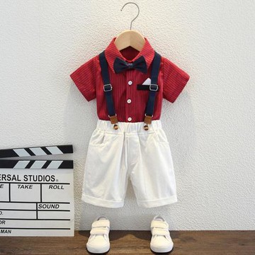 男童小西裝短袖套裝兒童表演服花童條紋演出西服寶寶周歲生日禮服