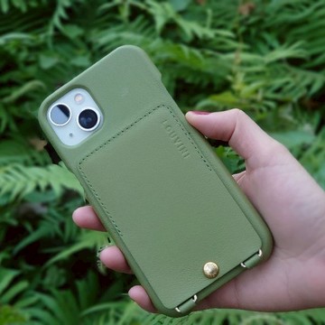 法國 隨行時尚 真皮附卡夾手機殼 卡其綠 - iphone14