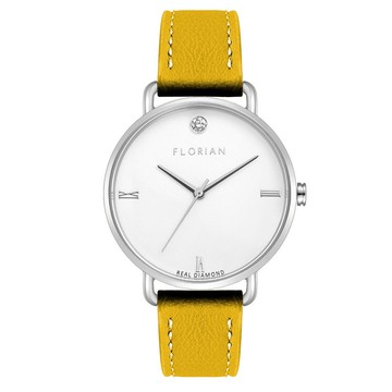 鑽石 黄色皮帶 簡約36mm手錶 | 玫瑰金/金/銀