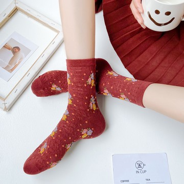 女襪 復古民族風襪子 女ins潮森系 立體碎花 中幫襪 韓國日系藝文 學生長襪