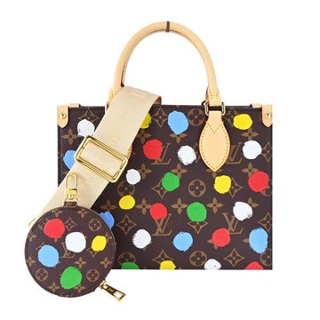 Louis Vuitton LV X YK ONTHEGO PM多彩圓點印花Monogram帆布托特包 (卡其)