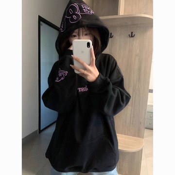 美式刷毛外套 上衣 衛衣 帽T 外套 國潮牌小火苗刺繡連帽戶外衛衣女春秋冬加絨超火新款美式外套