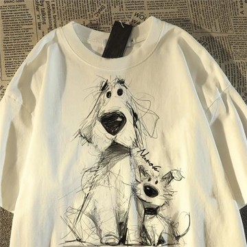 男女同款日系復古潦草小狗短袖夏vintage美式純棉學生t恤半袖上衣