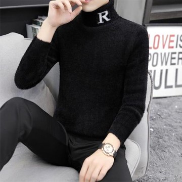 秋冬季水貂絨高領毛衣男士修身打底衫加絨加厚青少年保暖絨毛絨衫