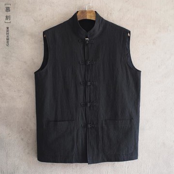 中國風原創對襟盤扣背心棉麻馬甲大碼坎肩中式馬褂民國風大碼男裝