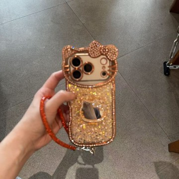 原創橙色閃鑽凱蒂水晶活力橙手提適用iPhone17promax蘋果16手機殼