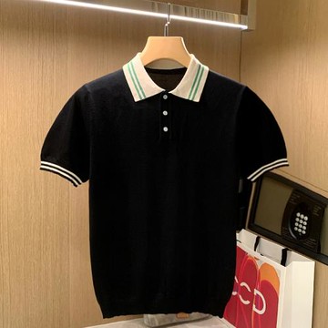夏季新款輕奢男士翻領修身t恤 高級黑色透氣冰絲針織polo衫短袖男