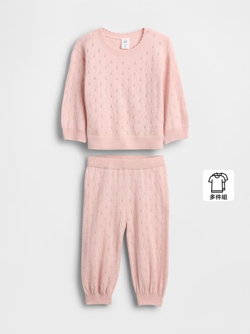 嬰兒裝 刺繡圓領長袖長褲家居套裝-粉色