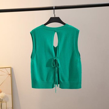 蝴蝶結后背系帶綠色毛衣2025新款時尚v領背心疊穿襯衣純色馬夾女