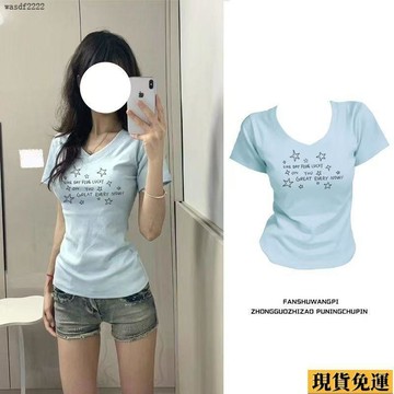 ✨臺灣發✨ 美式復古甜美風 夏季 V領修身  短袖  y恤女印花可愛百搭甜美風潮流 上衣