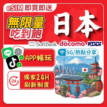 【飛網科技】日本eSIM 日本網卡 3-15天 吃到飽不降速 支持 東京大阪 高速 免插卡 原生卡KDDI Docomo
