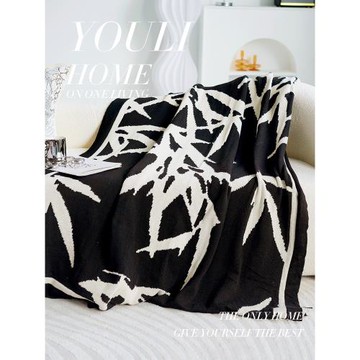 新中式竹葉黑白中古毛毯搭巾床尾毯沙發毯子蓋毯民宿床尾巾 床旗