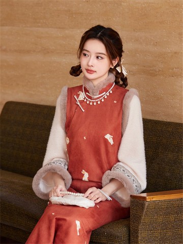 喜慶紅色 白兔印花洋裝旗袍 秋冬夾棉馬甲裙 新中式春節連身裙