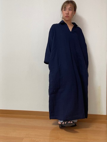 雙層紗襯衫式領連身長裙 (深藍色)