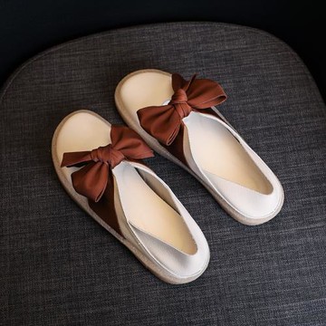 一腳蹬春夏真皮兩穿蝴蝶結小白鞋