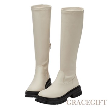 【Grace Gift】彈力顯瘦鬆糕厚底增高長靴 米白