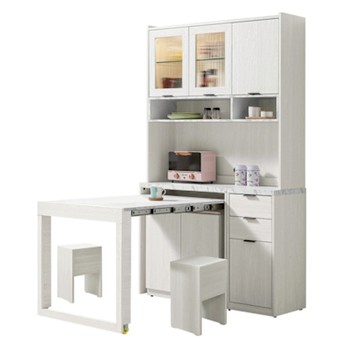 文創集 克卡利雙色3.9尺可伸縮中島桌高餐櫃組合(附二張椅凳+桌面板可拉合使用)-118x39x200cm免組