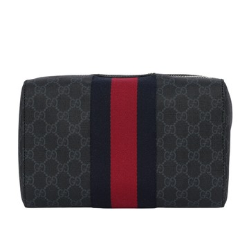 GUCCI GG Supreme 帆布藍紅織帶方形手拿包(黑灰色) 495561 9F2YN 1095
