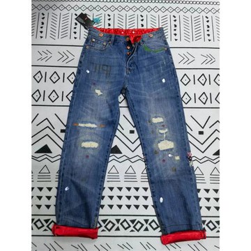 陳冠希CLOT長壽初代風格破洞做舊耐磨赤耳紅絲綢印花直筒牛仔褲