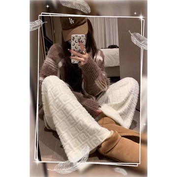 潮牌字母提花高腰休閑加長闊腿褲