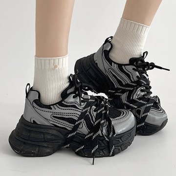 【現貨出清】老爹鞋．雜誌款金屬拼色網布綁帶厚底包鞋．白鳥麗子