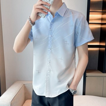 男裝冰丝短袖衬衫男士夏季超薄款渐层色休闲商务衬衫半袖寸衫帅气男装