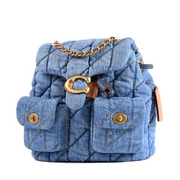 COACH 專櫃款 TABBY 布面絎縫菱格紋翻蓋束口斜背/後背二用包-靛藍