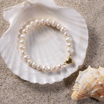 天然白色淡水珍珠手鏈 6–7mm 金色愛心扣 簡約禮物